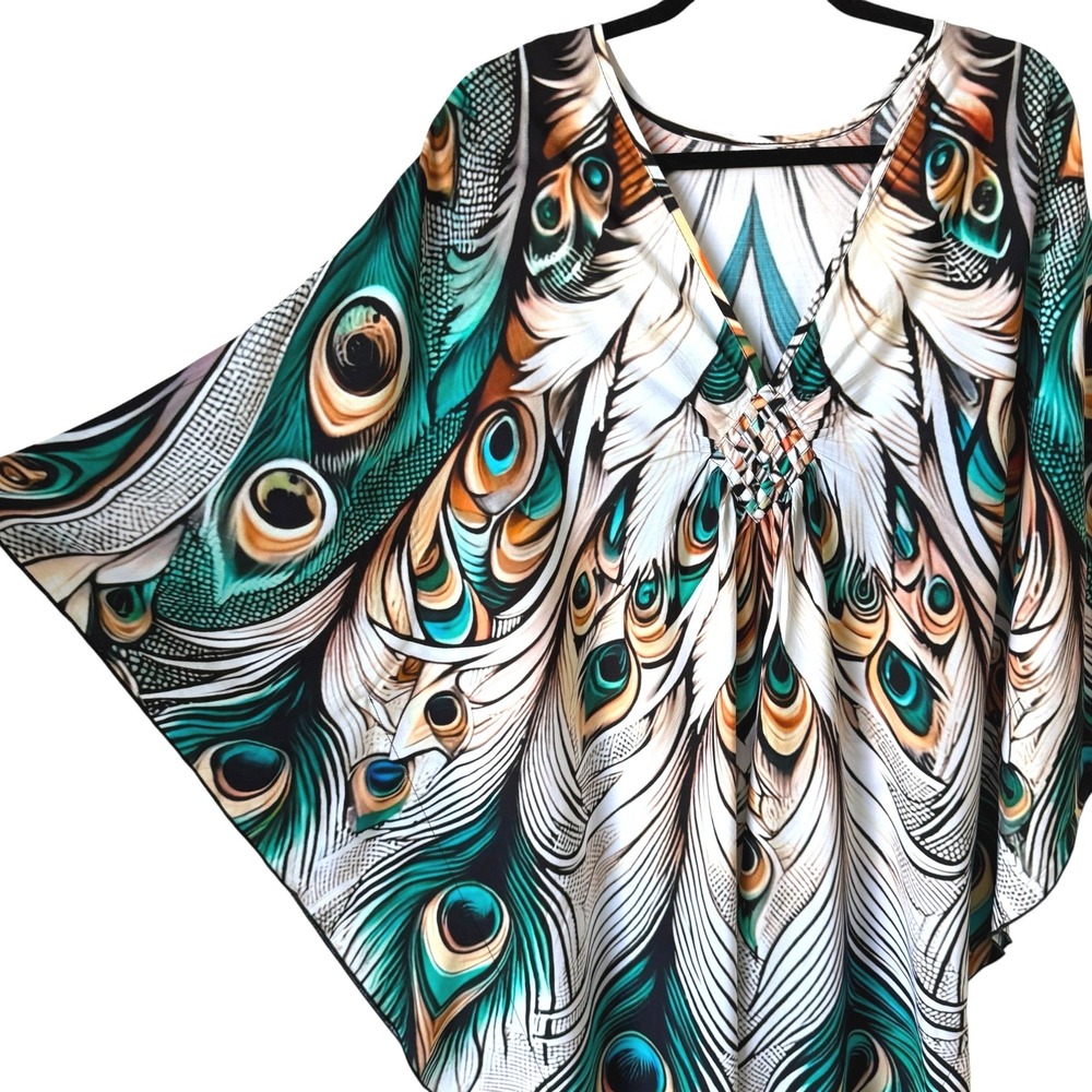 Peacock Feather Kaftan Dress Womens OS Teal V-Neck Maxi Mrs Roper Festival Artsy